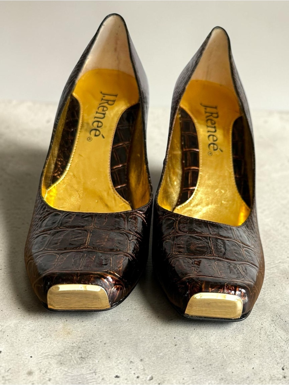 VINTAGE J. Renee Sienna Brown Croc Square Capped Toe Heels Pumps Y2K Size 9M
